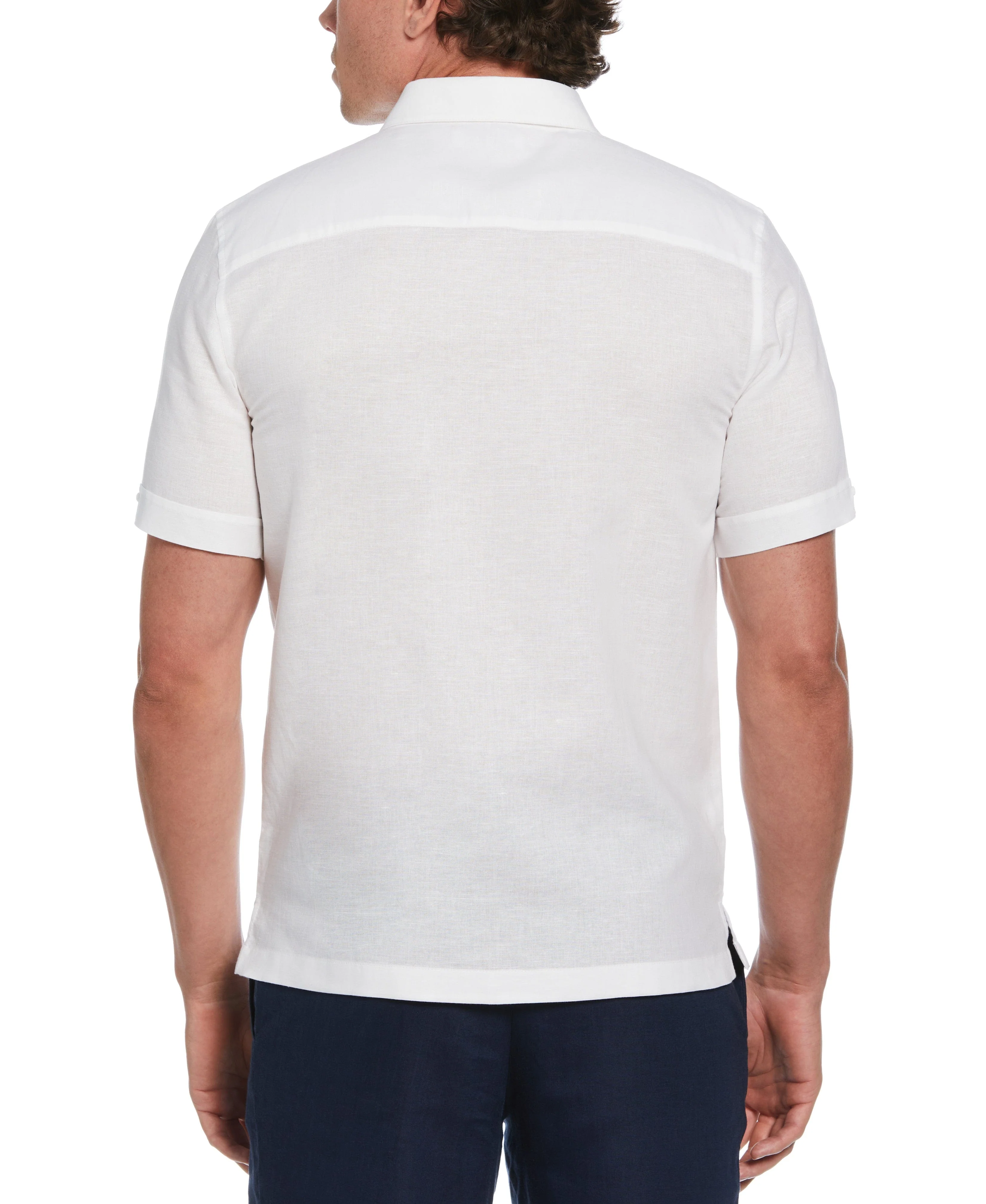 Linen Blend Guayabera Shirt With Geo Embroidered Panels - Image 3